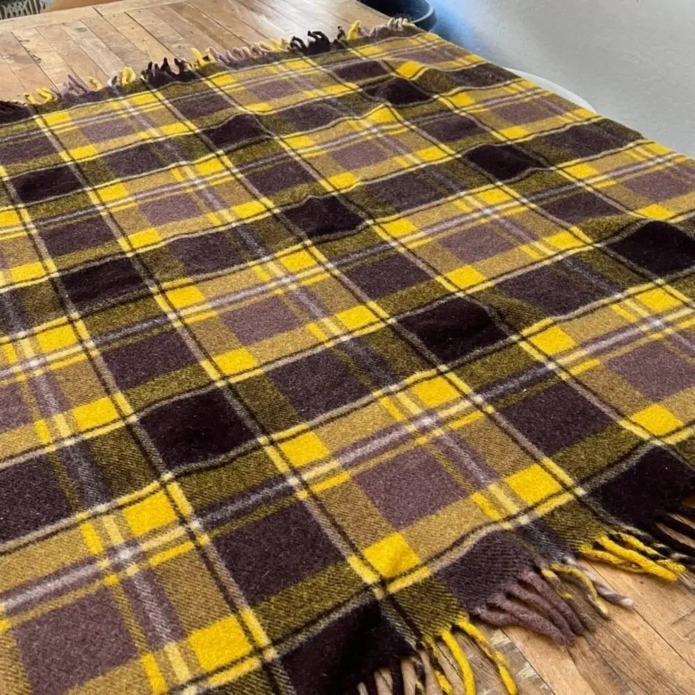 Unbranded Yellow Brown Wool Plaid Checkered Fringe Throw Blanket 46